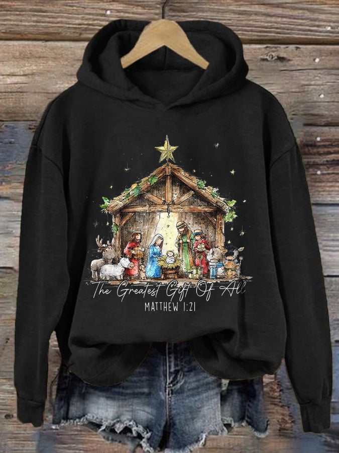Retro Christmas the greatest gift of all is Jesus Matthew 1:21 Print Hoodie