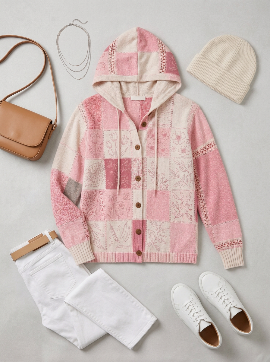 Women's Breast Cancer Awareness Floral Patchwork Printed Cardigan