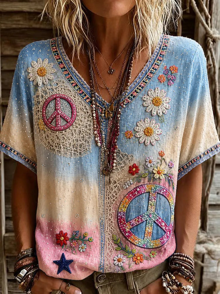 Women's Vintage Hippie Floral Patchwork Art Linen Blend Short Sleeve Tops