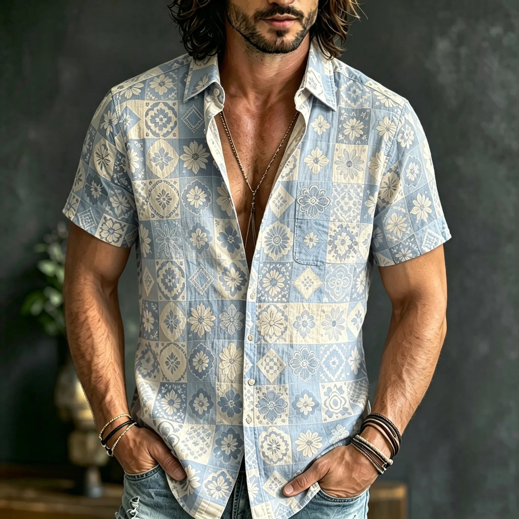 Men's Boho Patchwork Floral Print Hippie Cotton And Linen Comfortable Short Sleeve Shirt