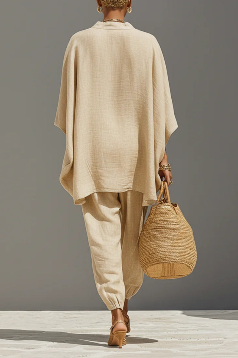 Women's Neutral Linen Set With Asymmetric Hem & Minimalist Design, Sophisticated Daily-Casual Style Set