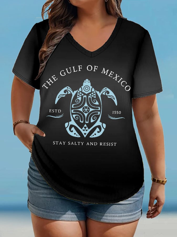 Women's Plus Size Gulf Of Mexico Print V-Neck T-Shirt