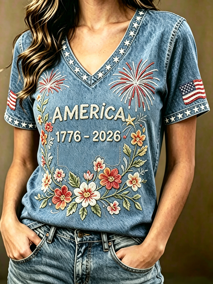 Women'S Retro American Flag Printed V-Neck T-Shirt