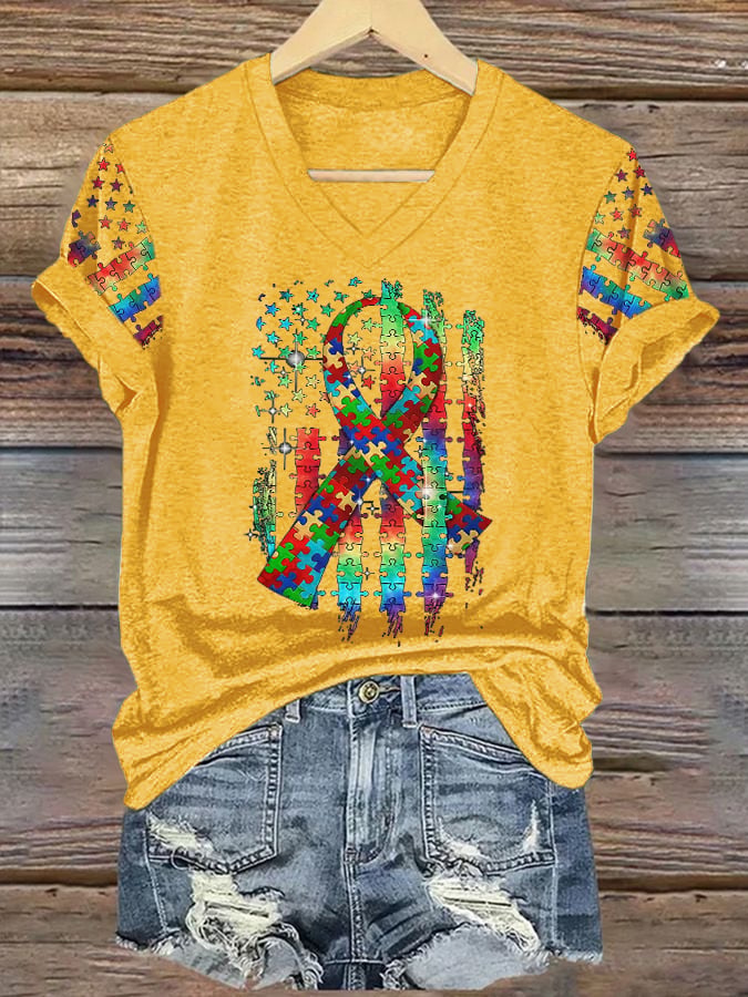 Women’s Retro Autism Awareness Colorful Puzzle Pieces Ribbon American Flag Print V-Neck T-Shirt