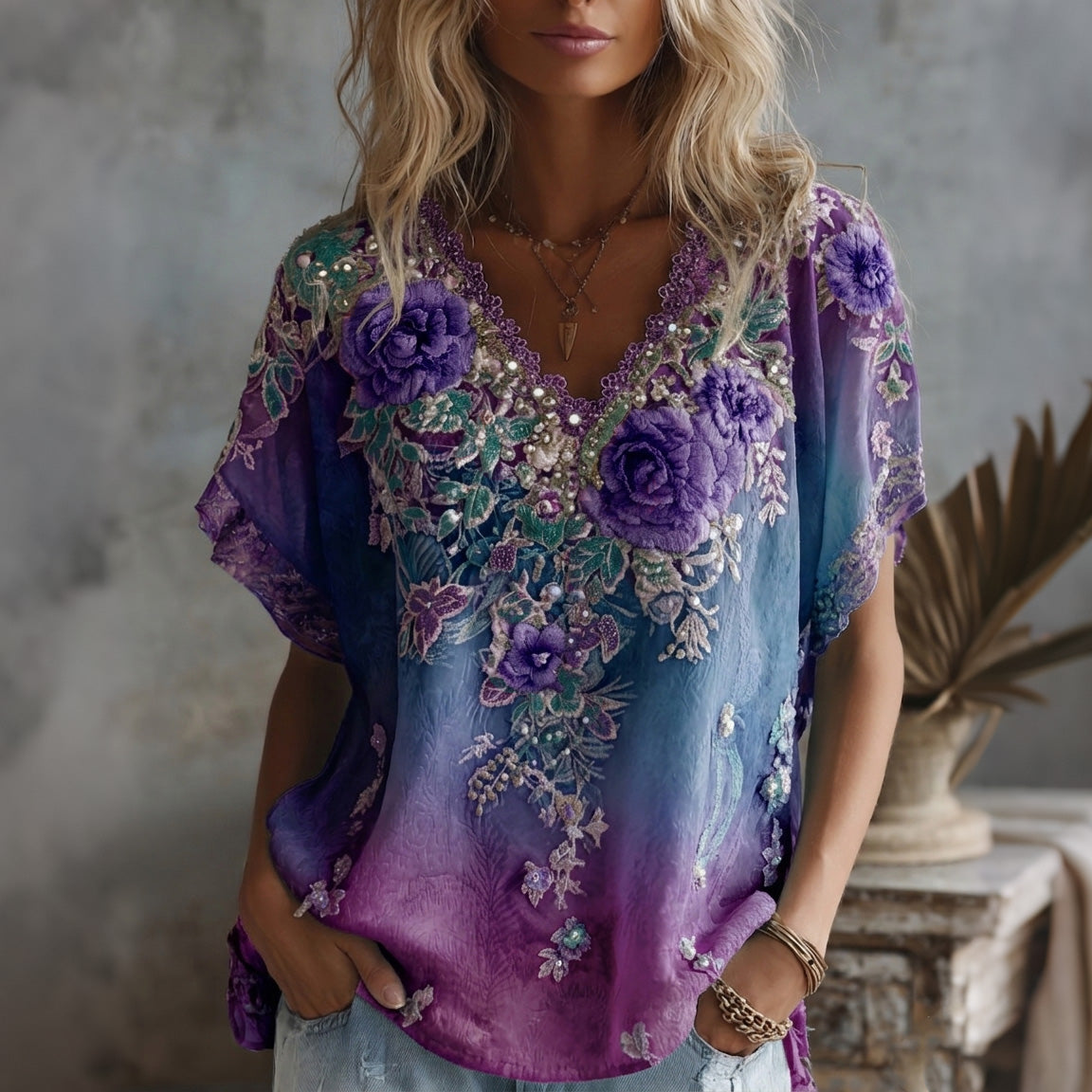 Women's Vintage Celtic Knot Rose Embroidery Casual T-shirt
