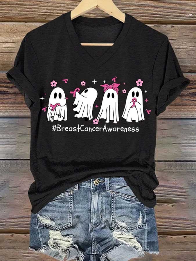 V-neck Retro Breast Cancer Awareness Ghost Pink Ribbon Print T-Shirt