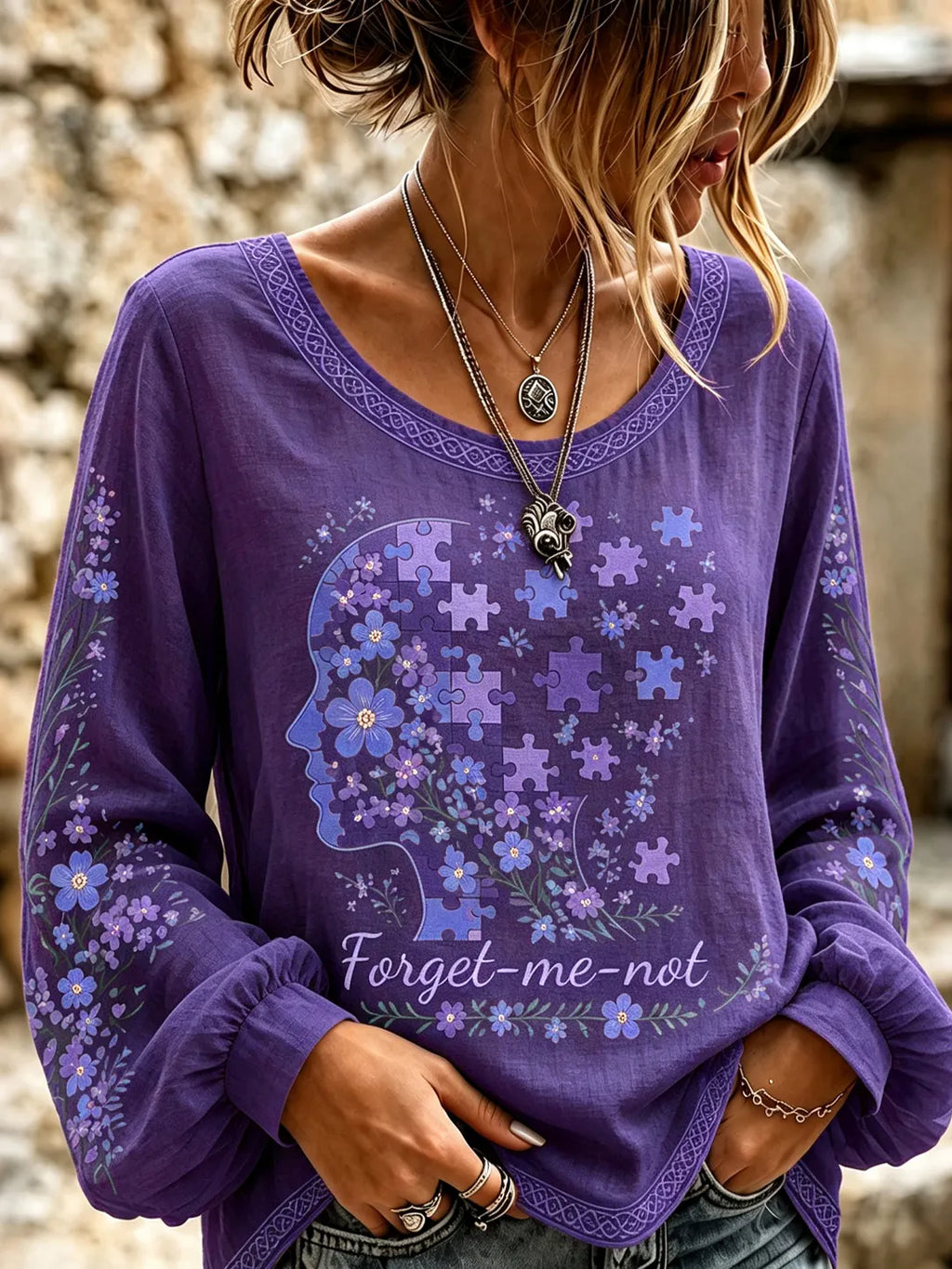 Women's Forget Me Not Print Alzheimer's Awareness Support T-shirt