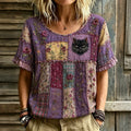 Women's Bohemian Floral And Black Cat Art Pattern Casual T-shirt