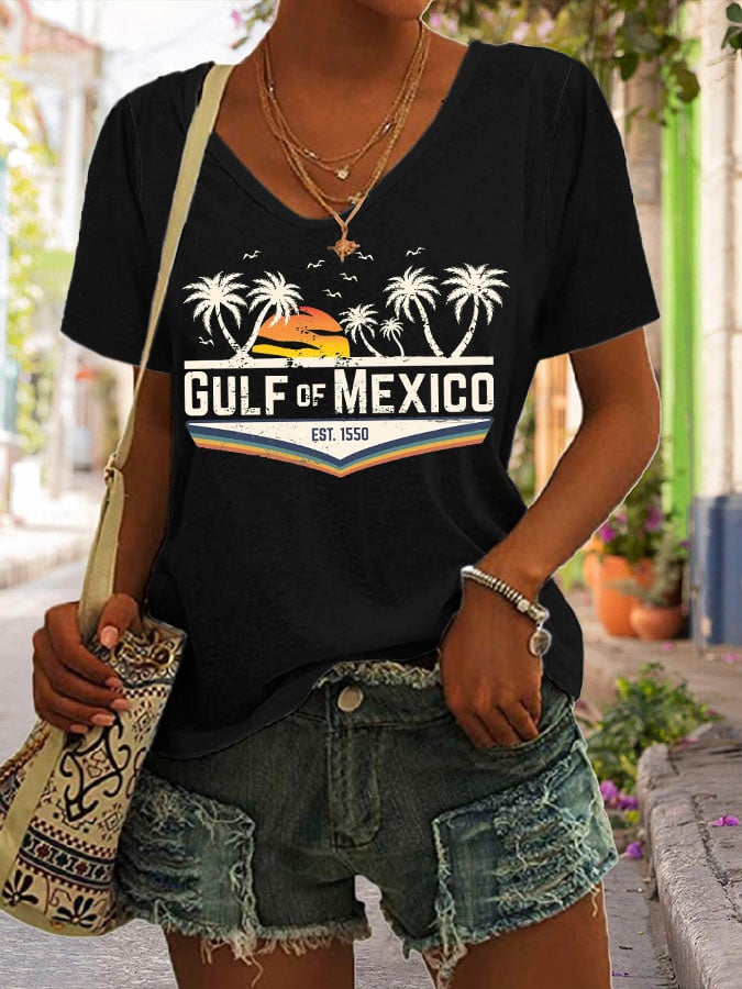 Women's Gulf Of Mexico Print V Neck Casual T-Shirt