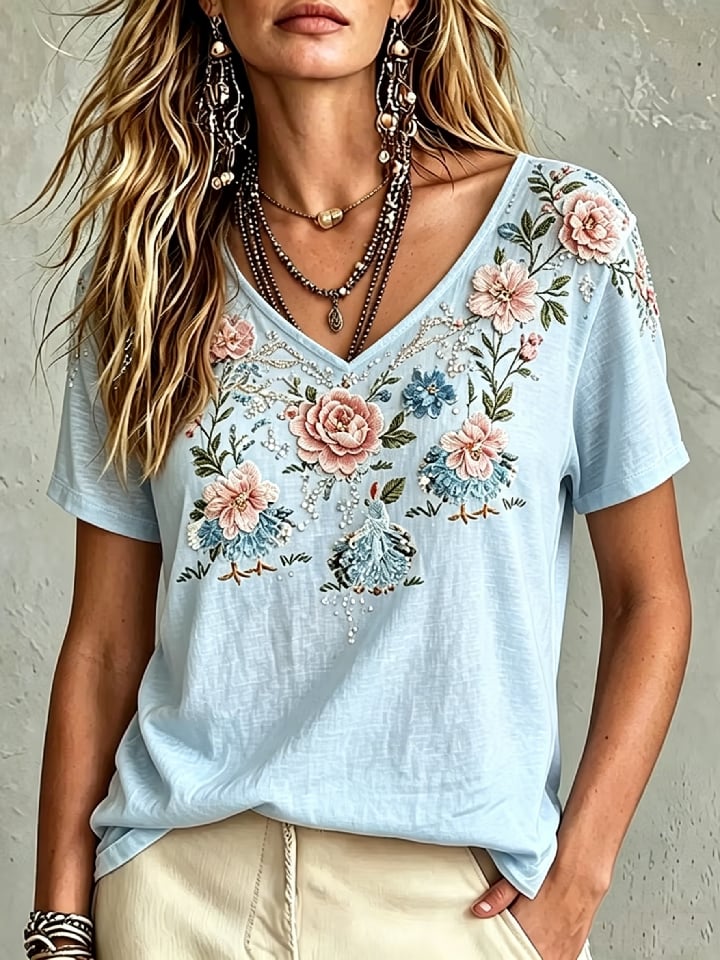 Women's Casual Retro Short-Sleeve Top with Floral Breast Cancer Awareness Print