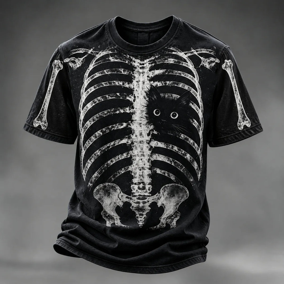 Men's Halloween Peeking Black Cat X-ray Rib Cage Print Short-sleeved T-shirt