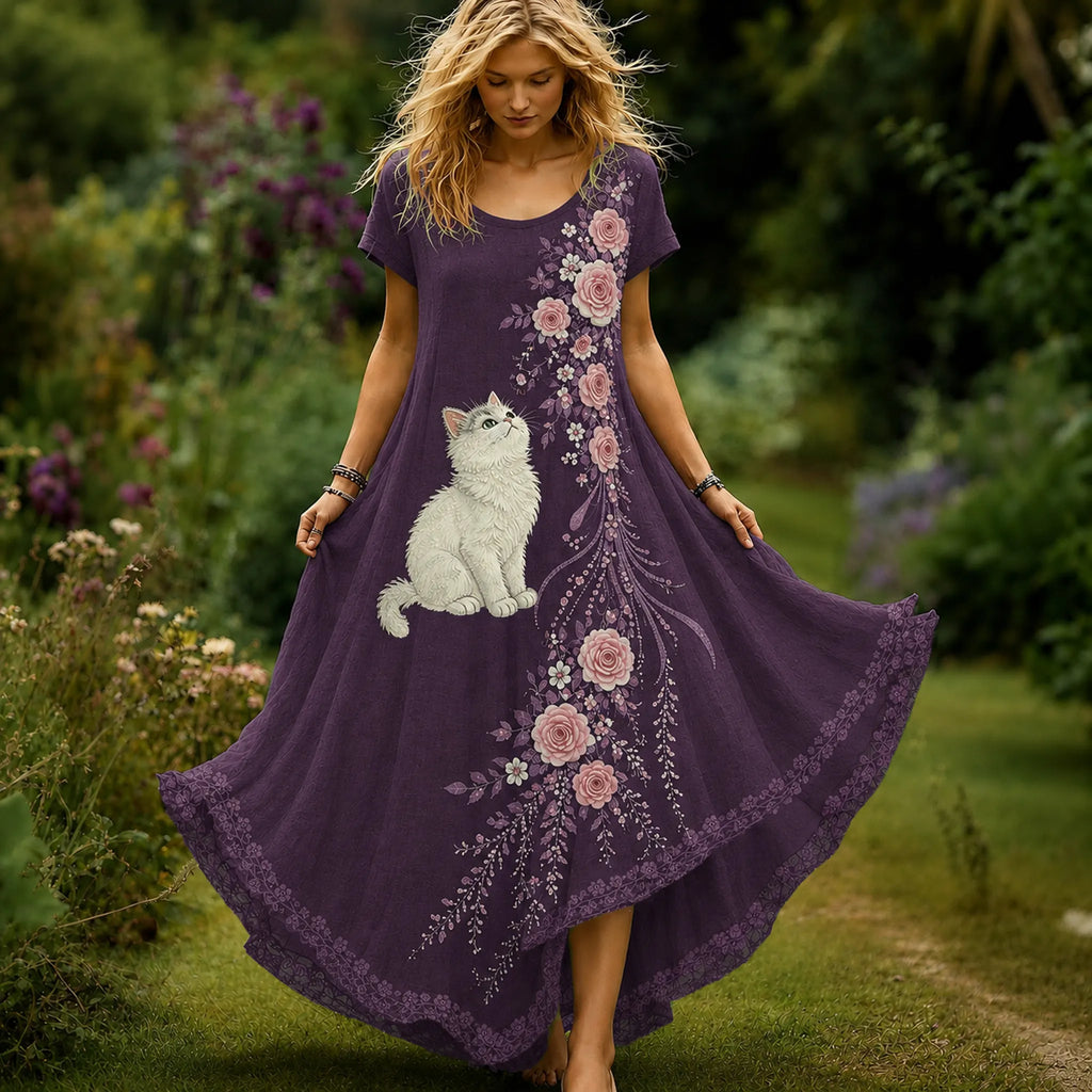 Women's Vintage Cute Cat And Floral Embroidery Art Crew Neck Short Sleeve Maxi Dress
