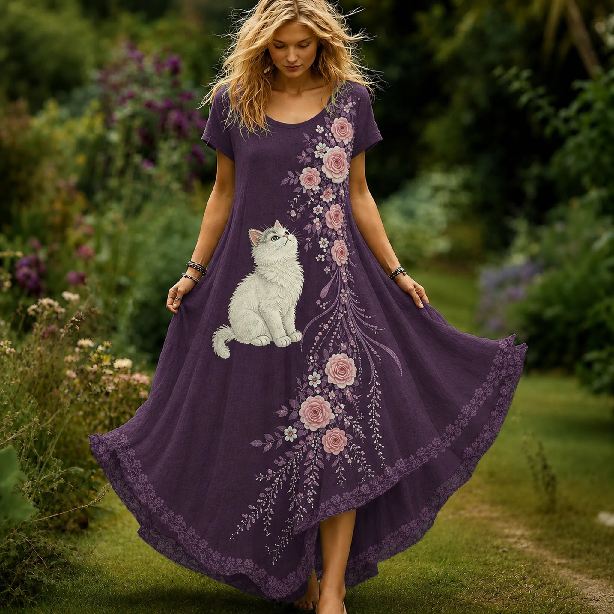 Women's Vintage Cute Cat And Floral Embroidery Art Crew Neck Short Sleeve Maxi Dress