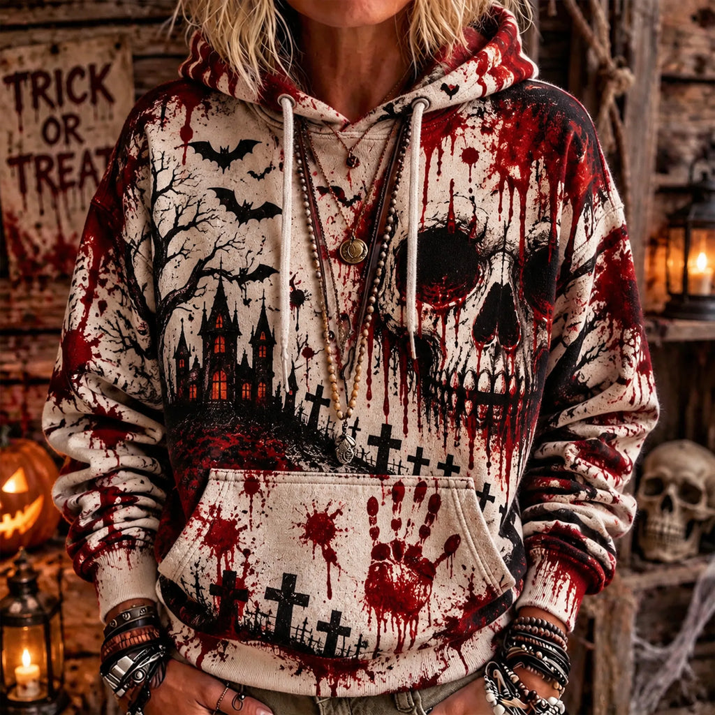 Women's Gothic-style Hoodie With Skull, Castle, And Blood-drip Print For Halloween