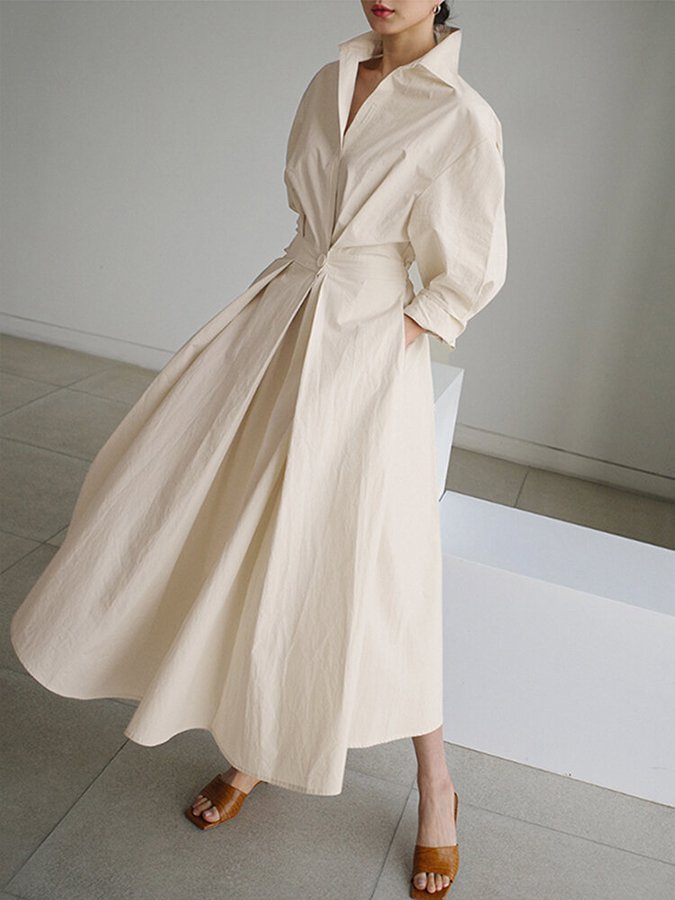 Women's Solid Pocket Button Lapel Long Sleeve Maxi Shirt Casual Dress