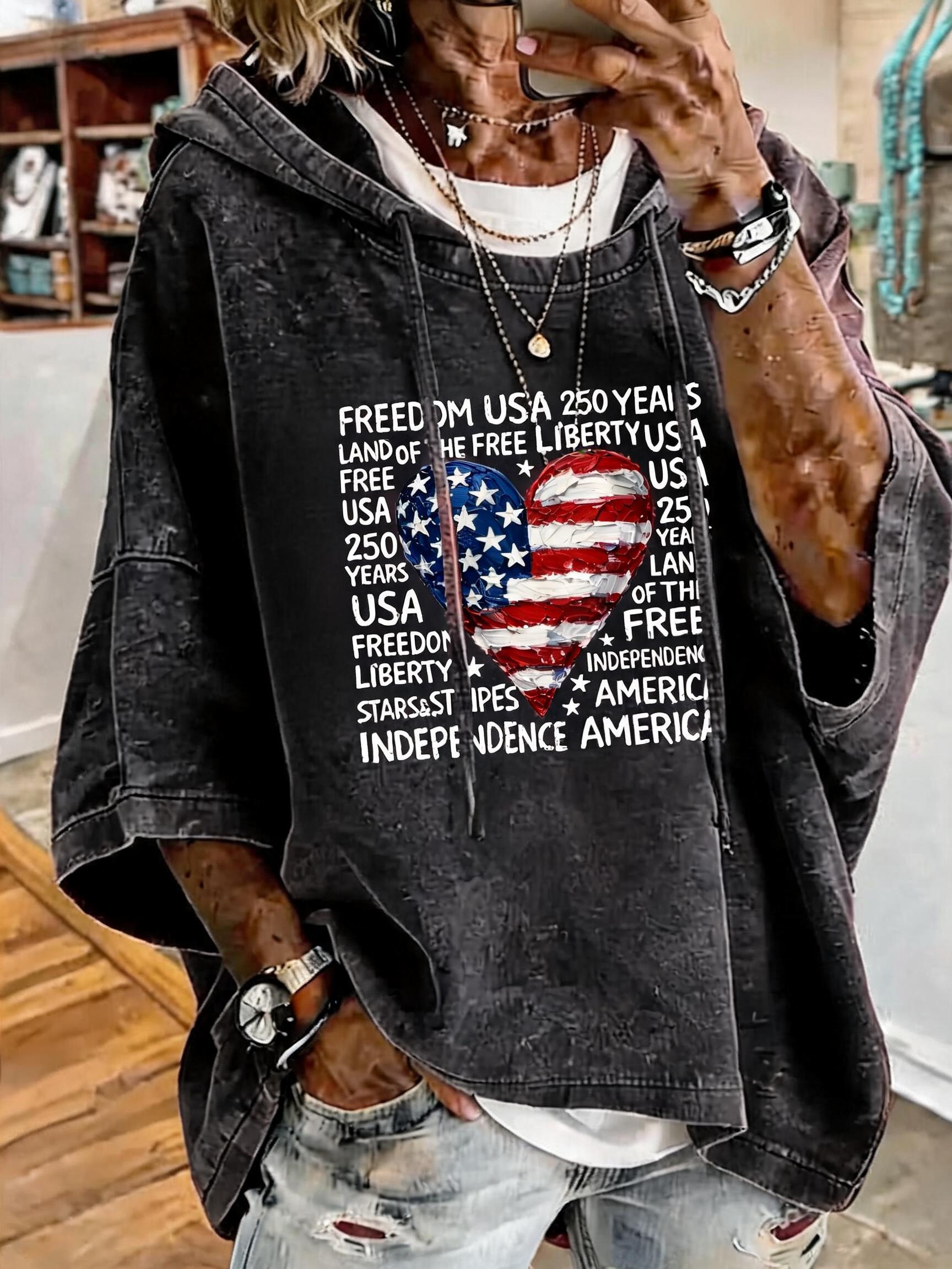 Women's Anniversary Flag Heart Print Oversized Hoodie