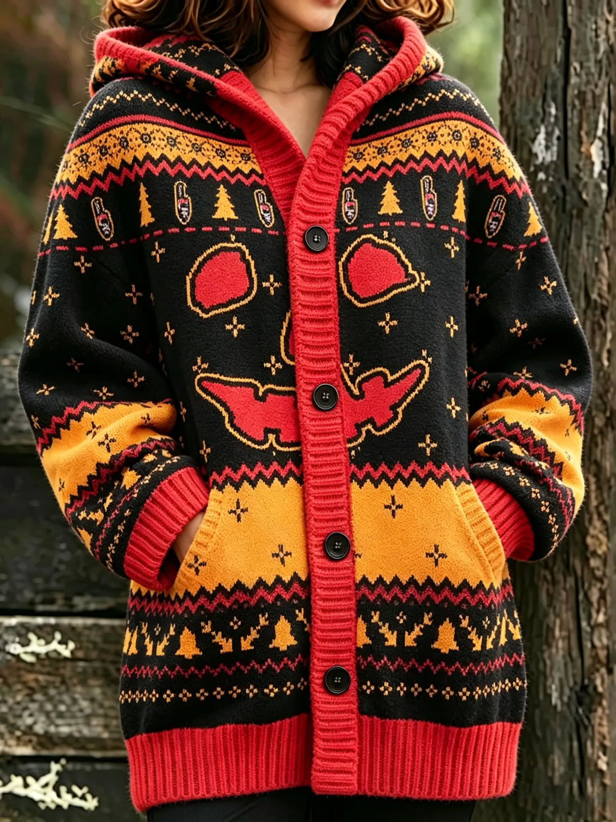 Women's Dark Expression Christmas Tree Halloween Print Hooded Cardigan