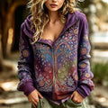 Women's Retro Hippie Floral And Tree Of Life Gradient Print Zippered Hoodie