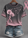 Women's Dandelion & Pink Ribbon Art Pattern Comfortable Crew Neck Short Sleeve T-Shirt
