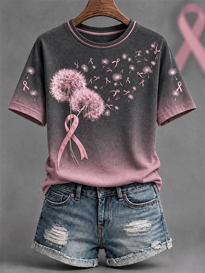Women's Dandelion & Pink Ribbon Art Pattern Comfortable Crew Neck Short Sleeve T-Shirt