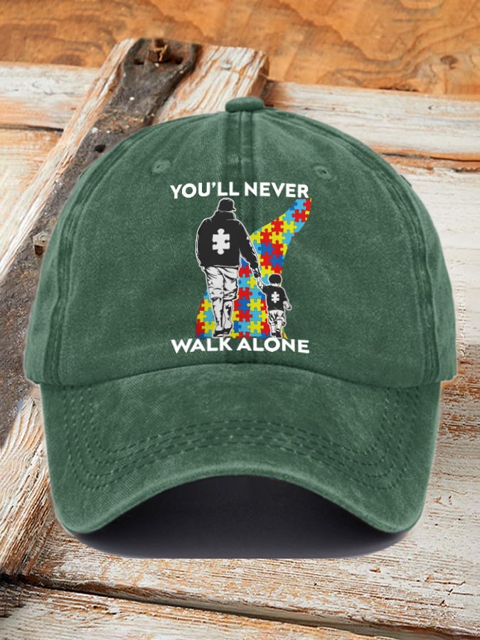 Retro Autism Awareness Dad And Son You'll Never Walk Alone Print Baseball Cap