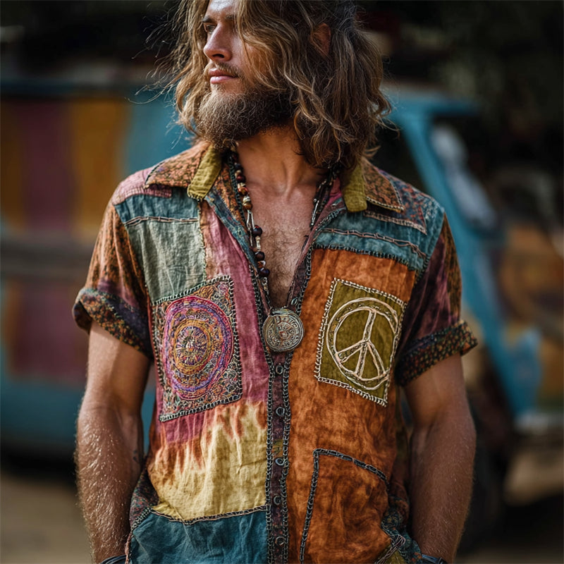 Men's Hippie Peace Sign Contrast Patchwork Linen Shirt
