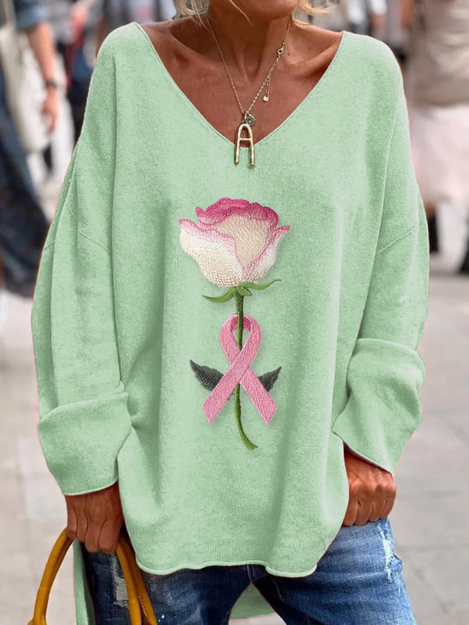 Women's Pink Breast Cancer Floral Print Loose Top