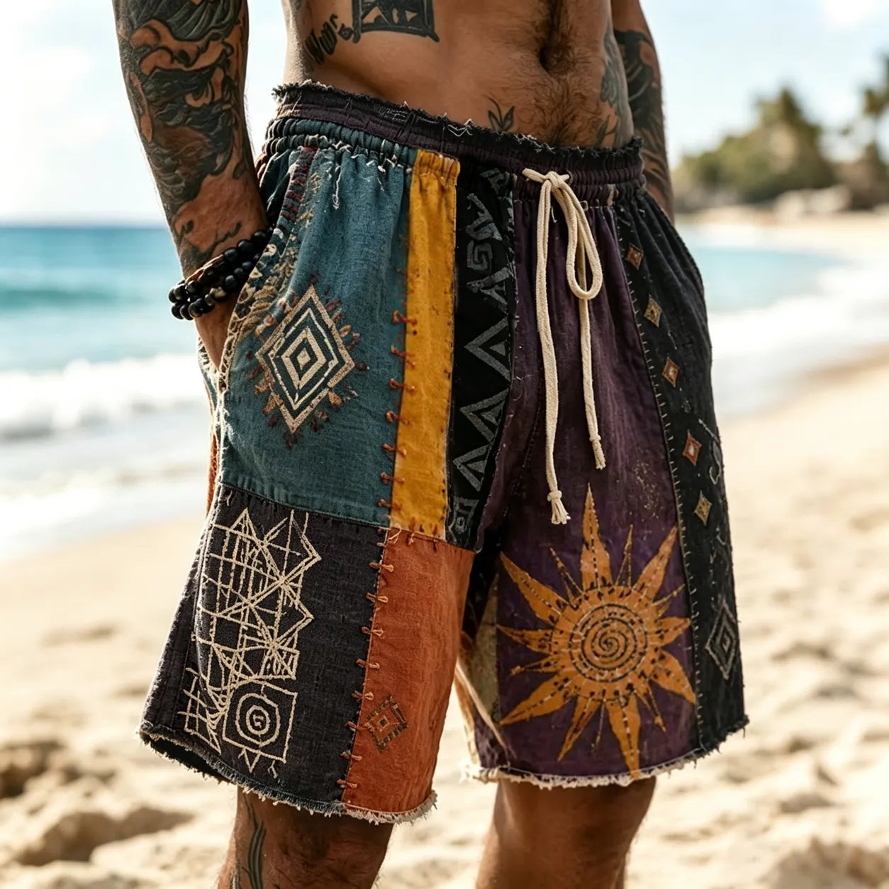 Men's Hippie Sun With Geometry Patchwork Print Casual Shorts