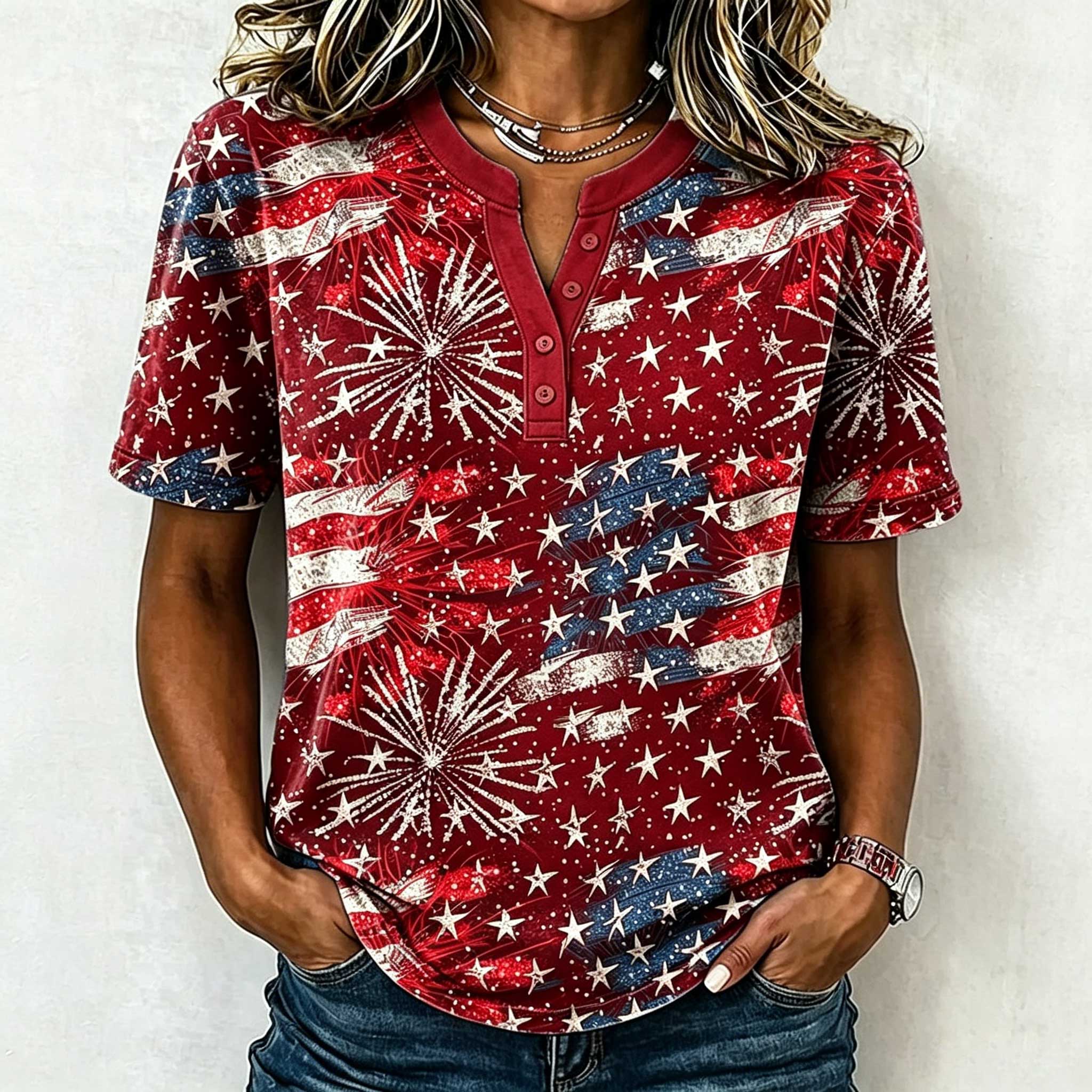 Female Leisure Patriotic Fireworks Flag Button T-Shirt