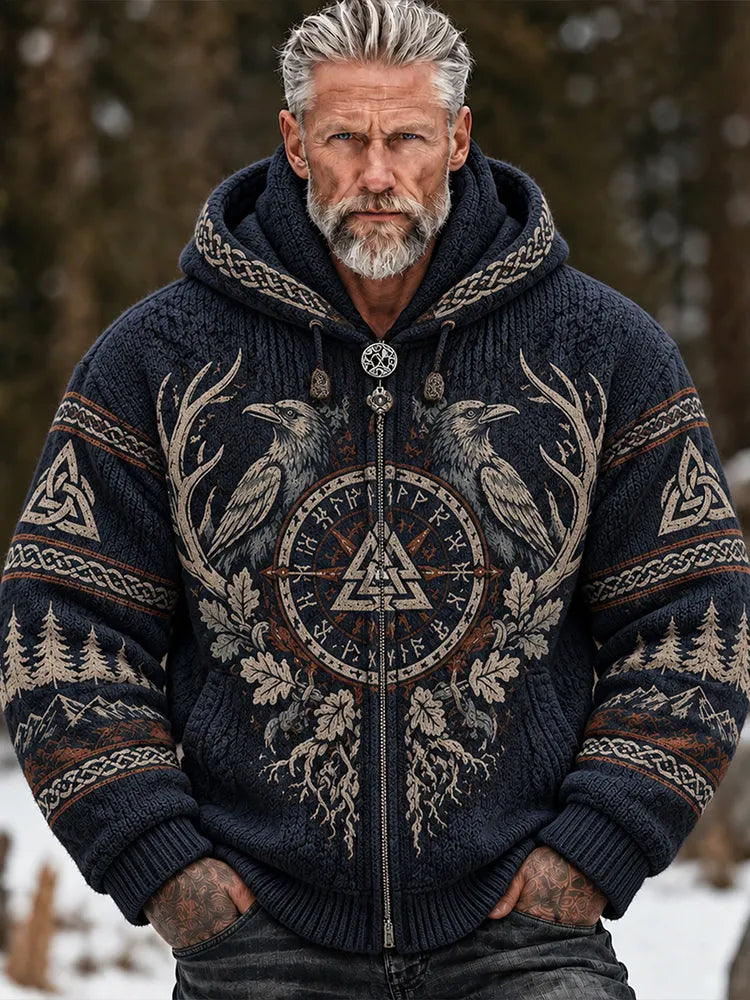 Men's Vintage Viking Norse Compass Raven Celtic Oak Leaf Mountain Graphic Winter Sweater
