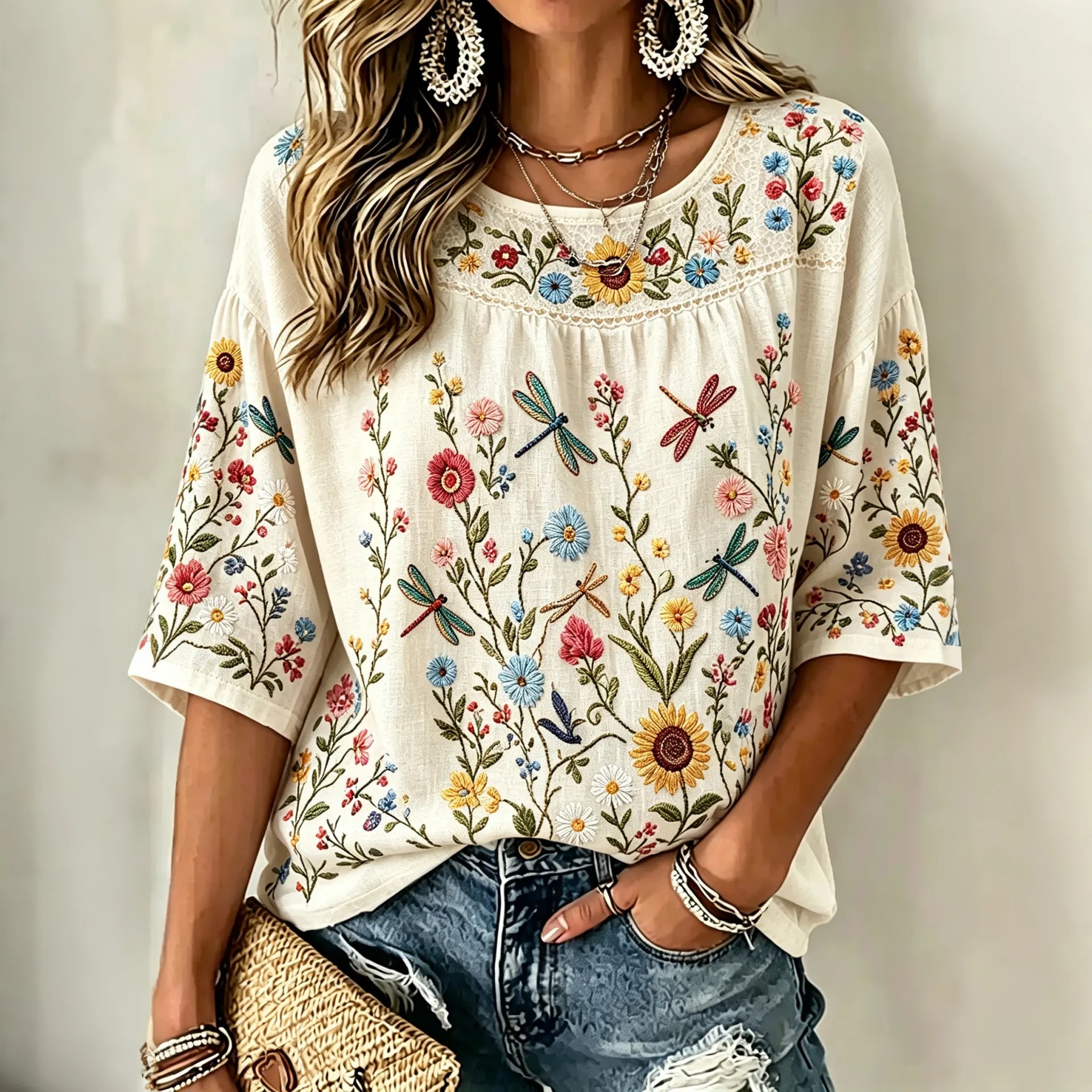 Women's Floral Art Print Flowy Linen Blend Linen Blend Three-quarter Sleeve Casual Tops