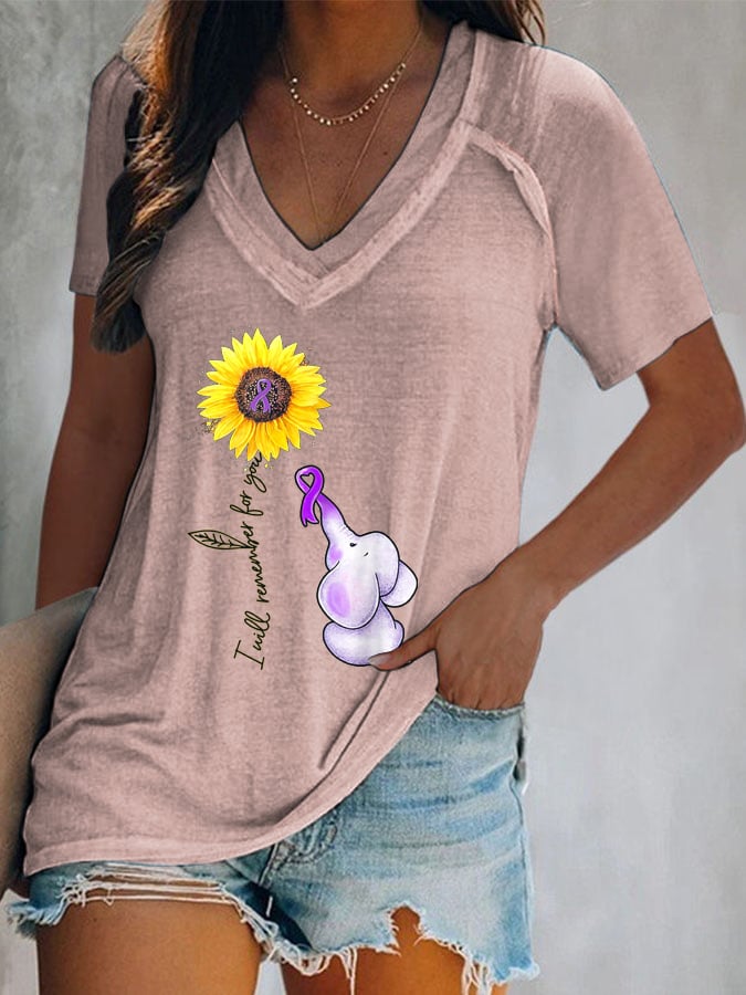 Women's Elephant I Will Remember For You Sunflower Alzheimer Print T-shirt