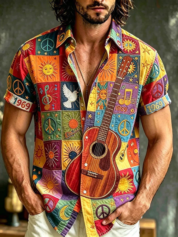 Men's Retro Summer Sun And Stars Hippie Music Colorful Pattern Casual Shirt
