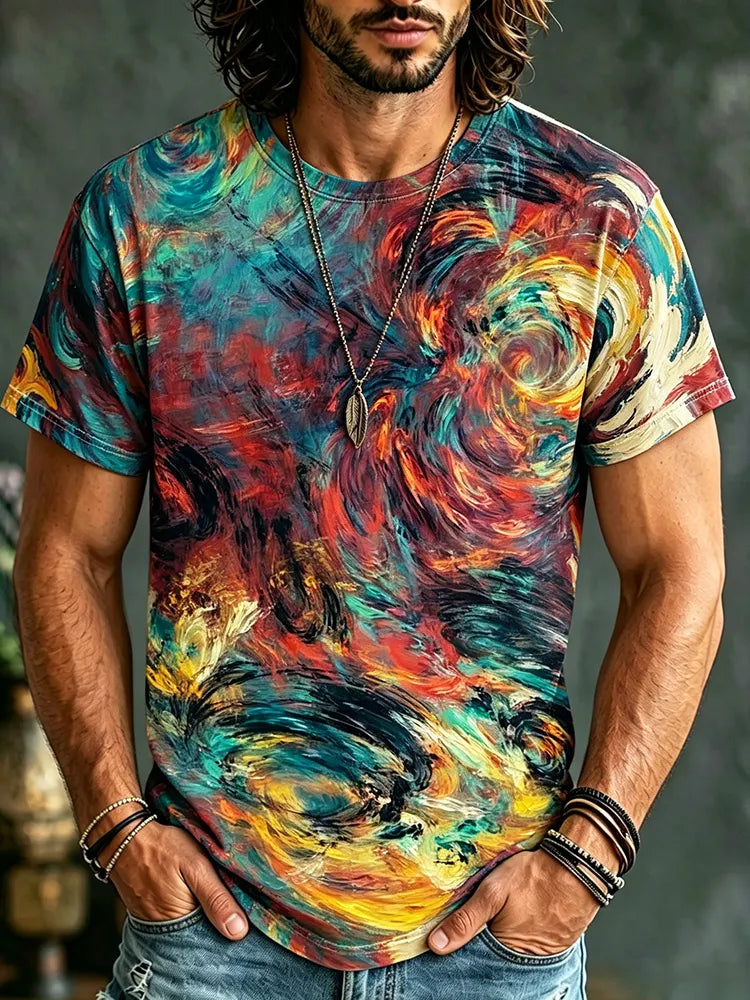 Men's Retro Casual Tie-dye Print Cotton Linen Crew Neck Short Sleeve T-shirt