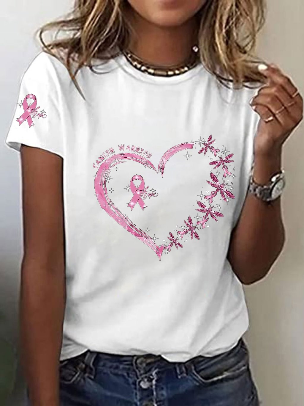 Women's Pink Ribbon Breast Cancer Awareness Print T-Shirt