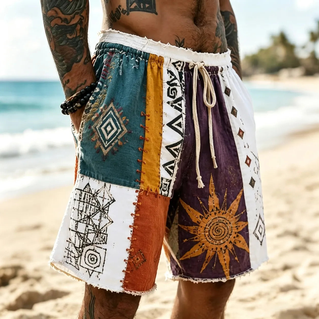 Men's Hippie Sun With Geometry Patchwork Print Casual Shorts