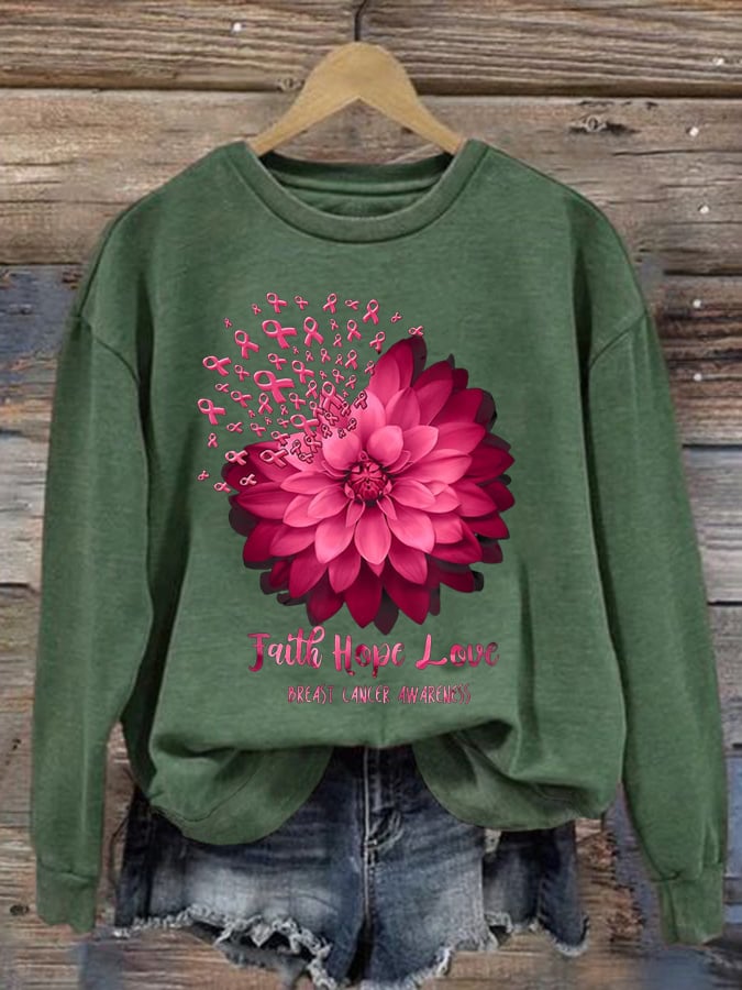 Women's Daisy Faith Pink Ribbon Breast Cancer Awareness Print Crew Neck Sweatshirt