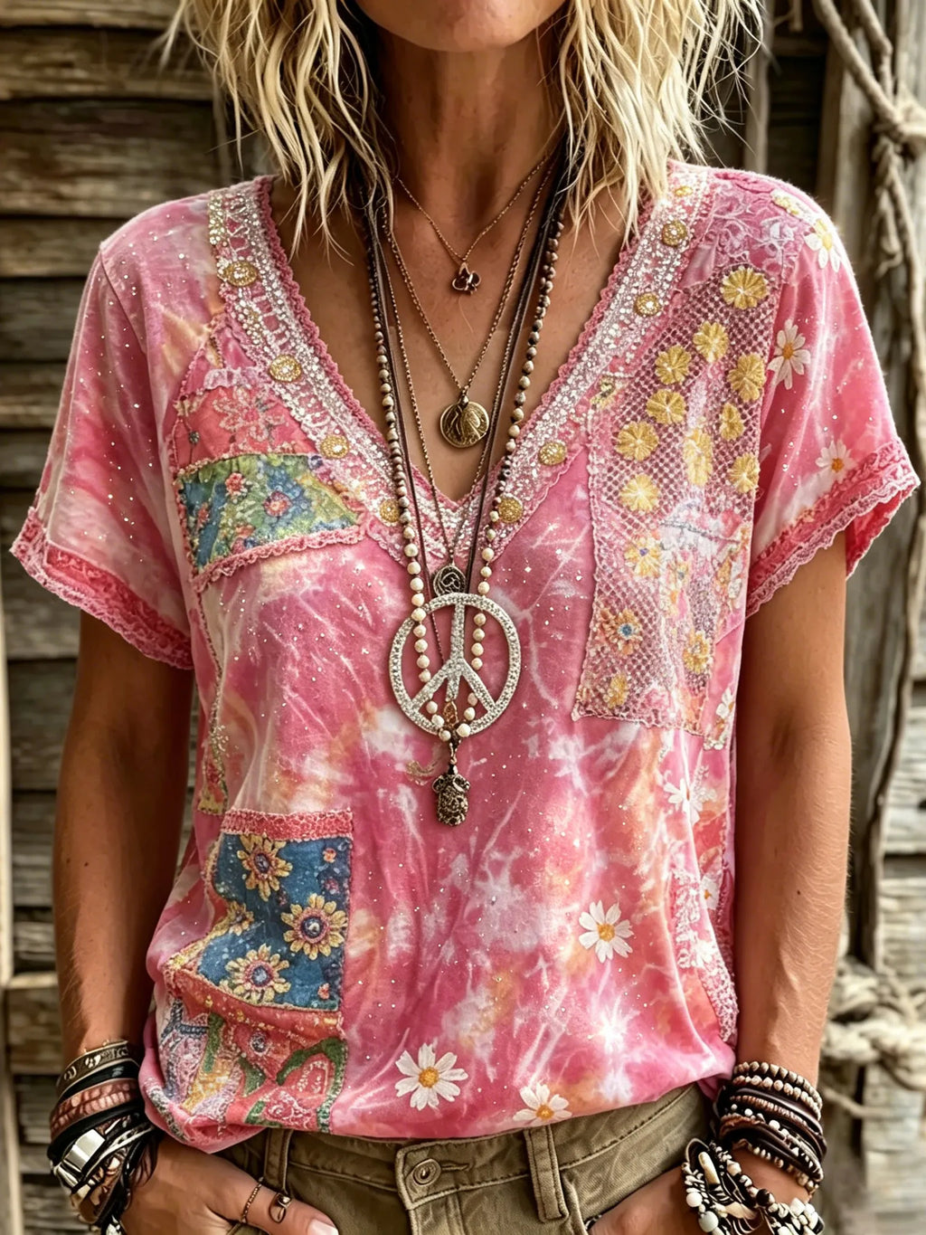 Women's Retro Floral Art Peace Symbol Embroidery Cotton Linen V-neck T-shirt