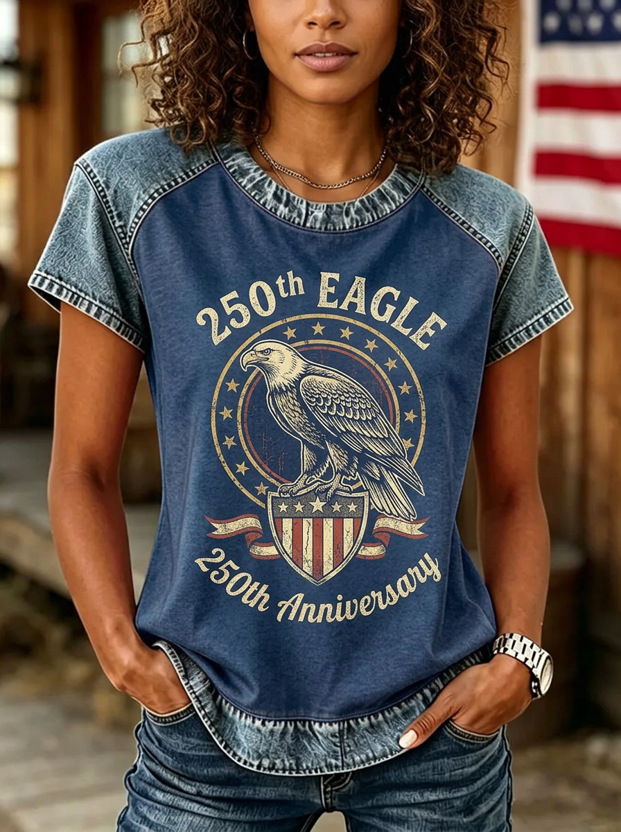 Women's Western USA Independence Day Eagle 250th Anniversary Printed T-shirt