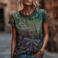 Women's Vintage Dragonfly Floral Pattern Linen Blend Casual V-neck T-shirt