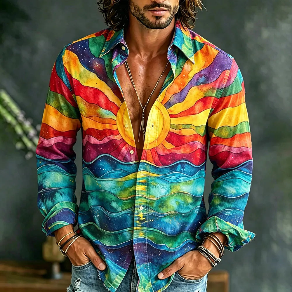 Men's Hippie Sunset Patchwork Print Casual Long Sleeve Linen Shirt
