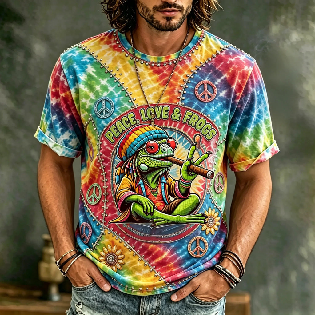 Men's Vintage Hippie Floral And Frog In Patchwork Pattern Art Embroidered T-shirt