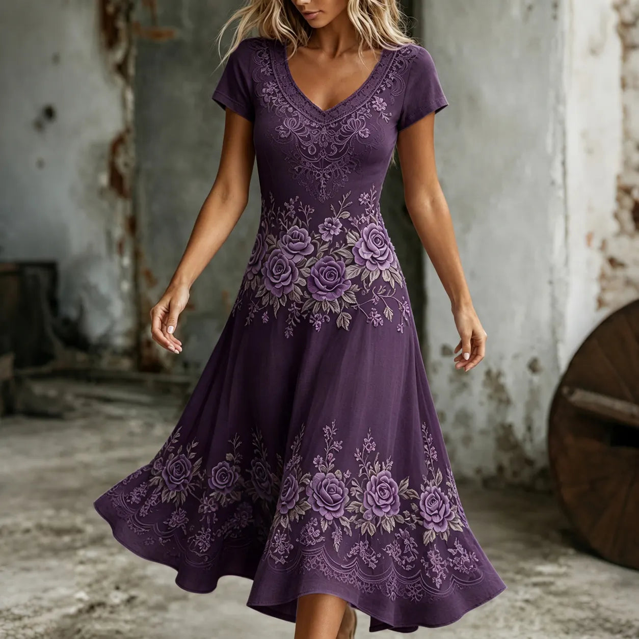 Women's Retro Purple Rose Embroidery Art V Neck Short Sleeve Midi Dress