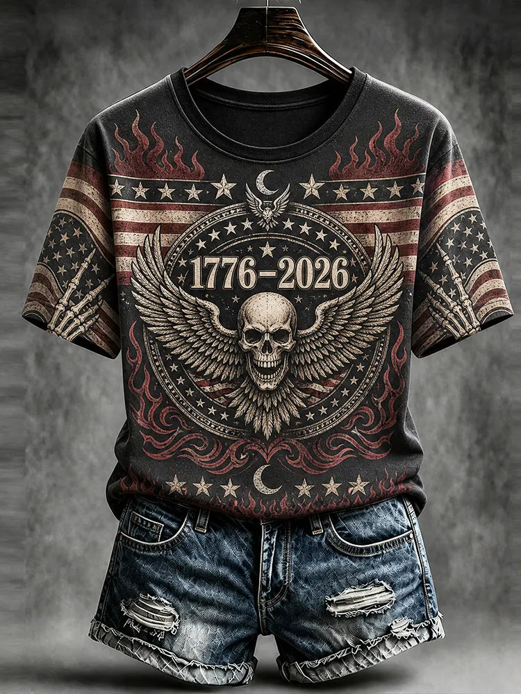 Women's Crewneck Short Sleeve T-shirt Featuring 1776-2026 Winged Skull And Flame Pattern