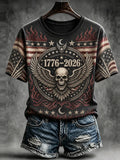 Women's Crewneck Short Sleeve T-shirt Featuring 1776-2026 Winged Skull And Flame Pattern