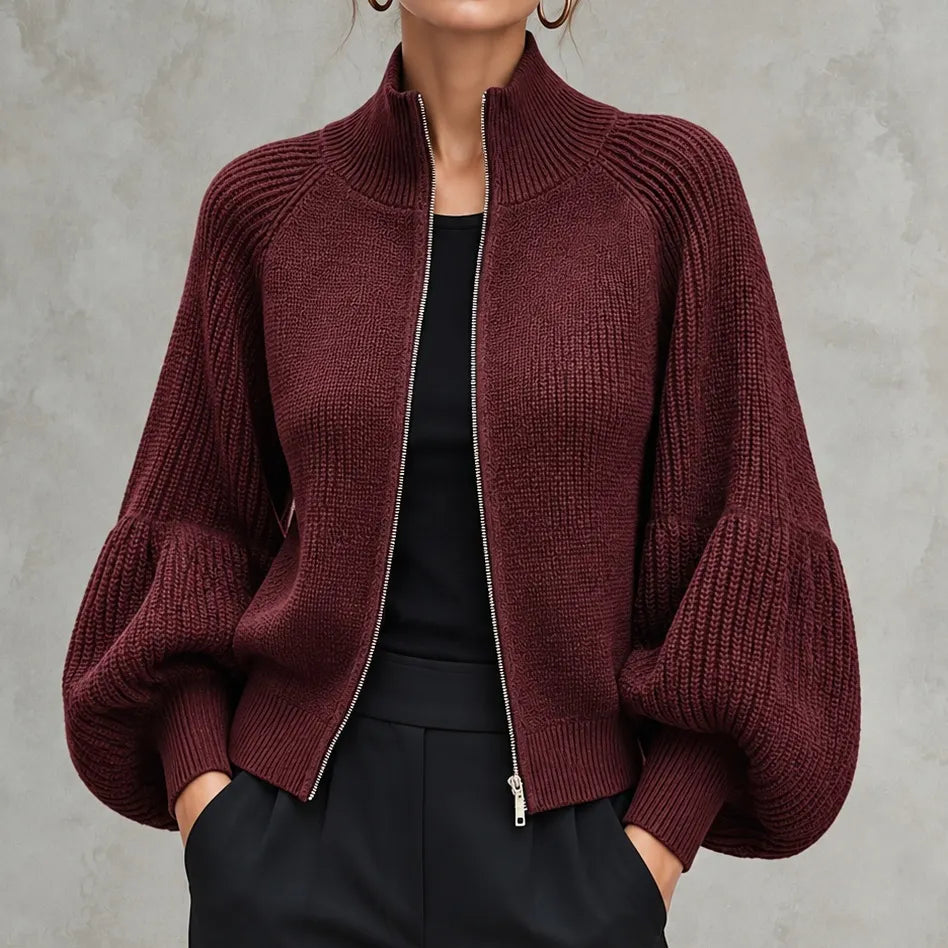 Elegant Cropped Zip-up Knit Cardigan With Lantern Sleeves
