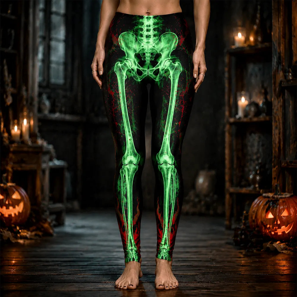Women's Halloween Leggings - Glow-in-the-dark Neon Green X-ray Skeleton Bones And Blood Splatter Skinny Trousers