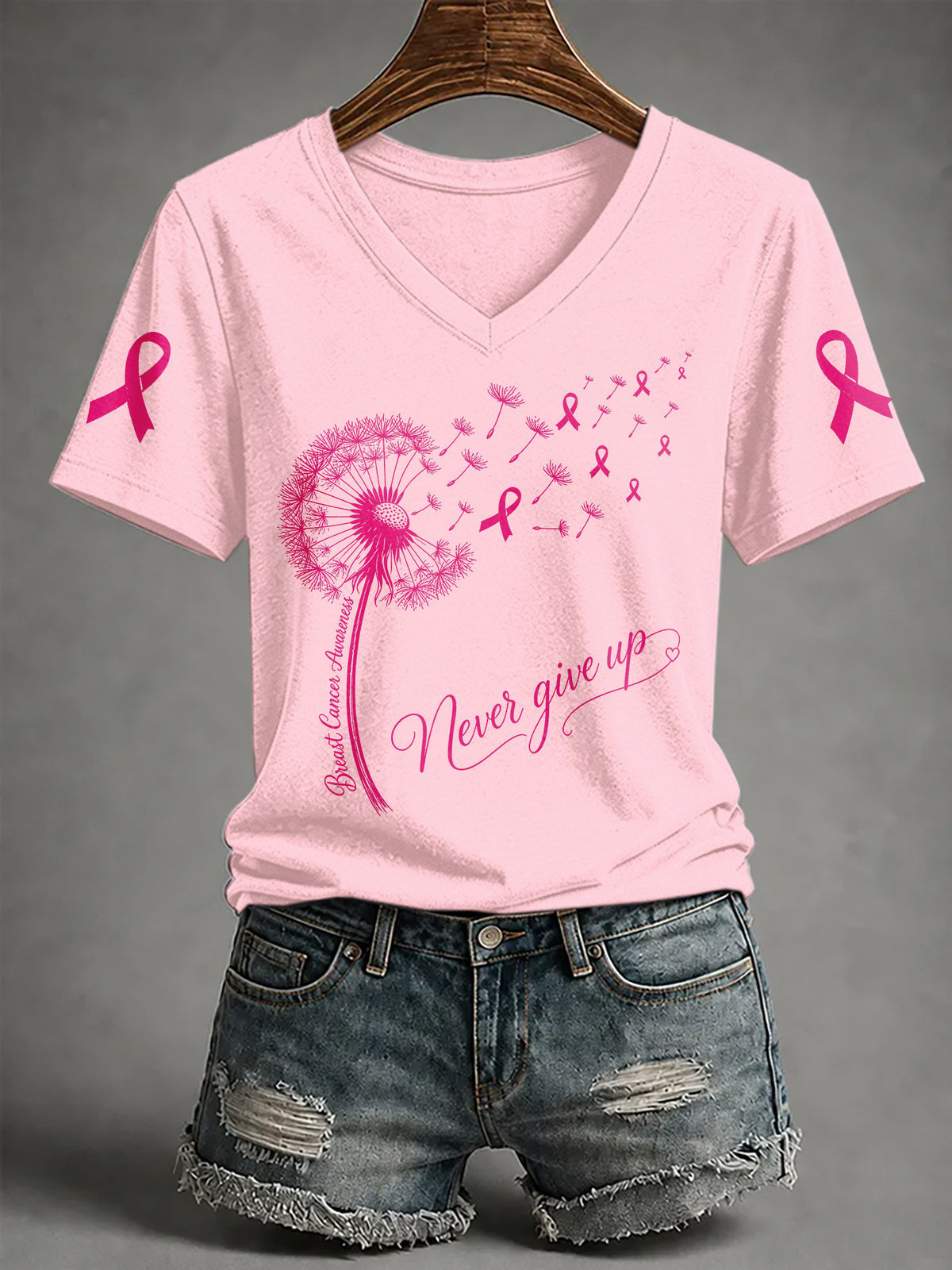 V-Neck Retro Breast Cancer Awareness Dandelion Never Give Up Pink Ribbon Print T-Shirt