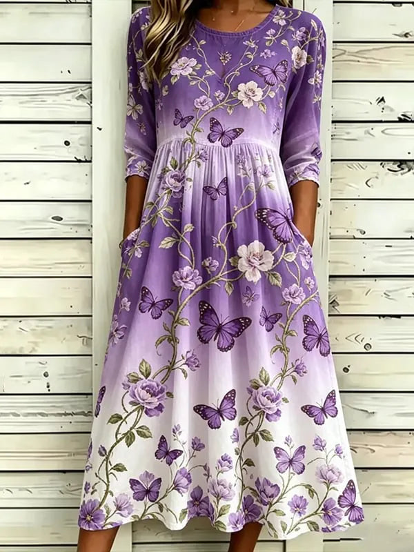 Women's Vintage Floral And Butterfly Print Linen Blend Midi Dress