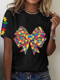 Women's Autism Awareness Bow Design Printed Casual T-Shirt